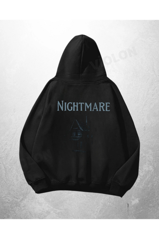 Siyah Unisex Nightmare Baskılı Oversize Hoodie Sweatshirt