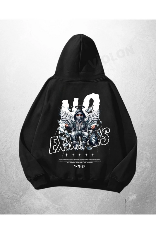 Siyah Unisex No Excuses Baskılı Oversize Hoodie Sweatshirt