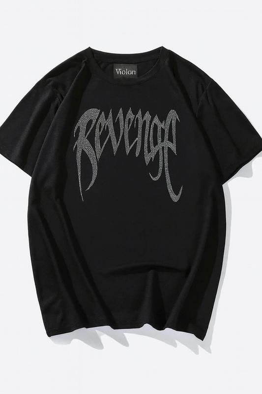 Siyah Unisex Oversize Beyaz Revenge Parıltılı Taş Baskılı Tshirt