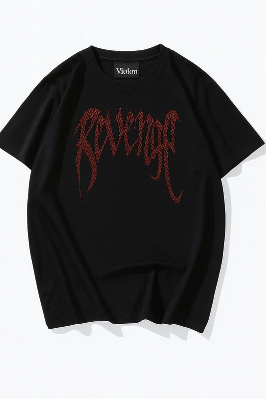 Siyah Unisex Oversize Kırmızı Revenge Parıltılı Taş Baskılı Tshirt