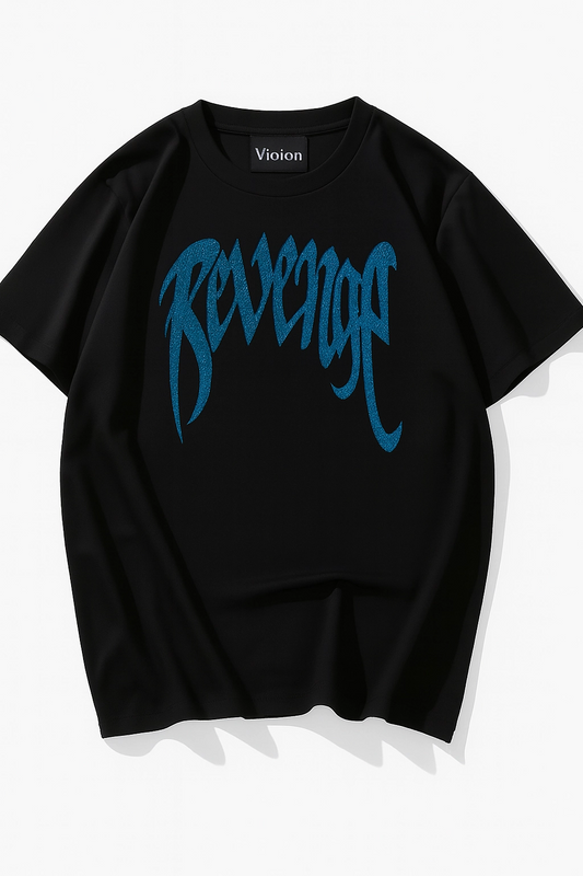 Siyah Unisex Oversize Mavi Revenge Parıltılı Taş Baskılı Tshirt