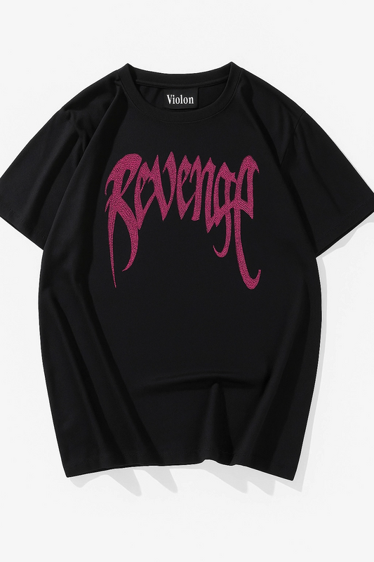 Siyah Unisex Oversize Pembe Revenge Parıltılı Taş Baskılı Tshirt