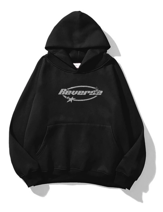 Siyah Unisex Oversize Reverse Parıltılı Taş Baskılı Sweatshirt