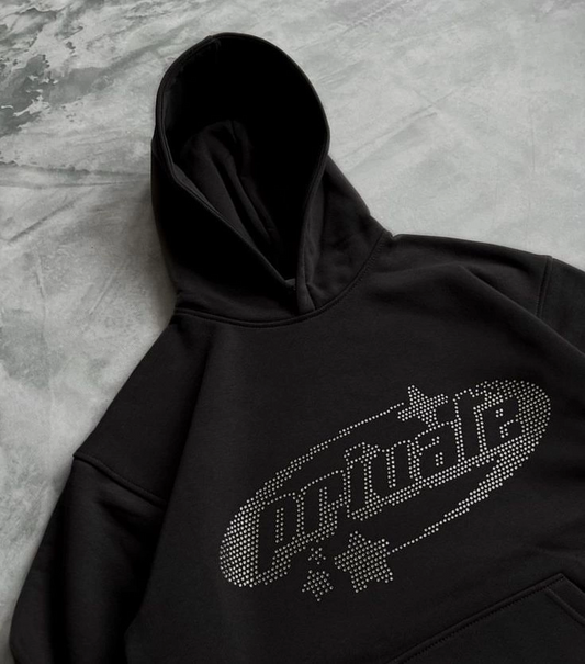 Siyah Unisex Oversize Private Parıltılı Taş Baskılı Sweatshirt