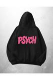 Siyah Unisex Psych Detail Baskılı Oversize Hoodie Sweatshirt