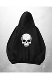 Siyah Unisex Skull Baskılı Oversize Hoodie Sweatshirt
