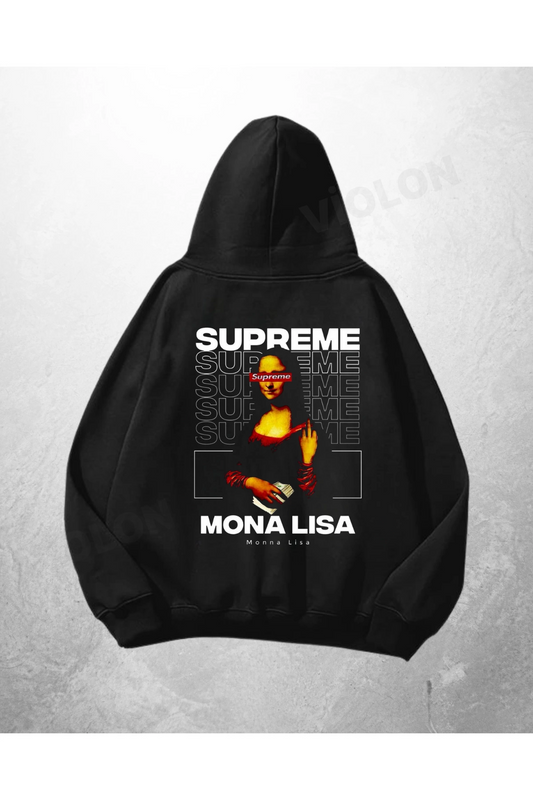 Siyah Unisex Supreme Mona Lisa Baskılı Oversize Hoodie Sweatshirt