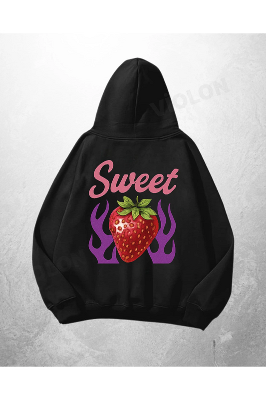 Siyah Unisex Sweet Purple Flame Baskılı Oversize Hoodie Sweatshirt