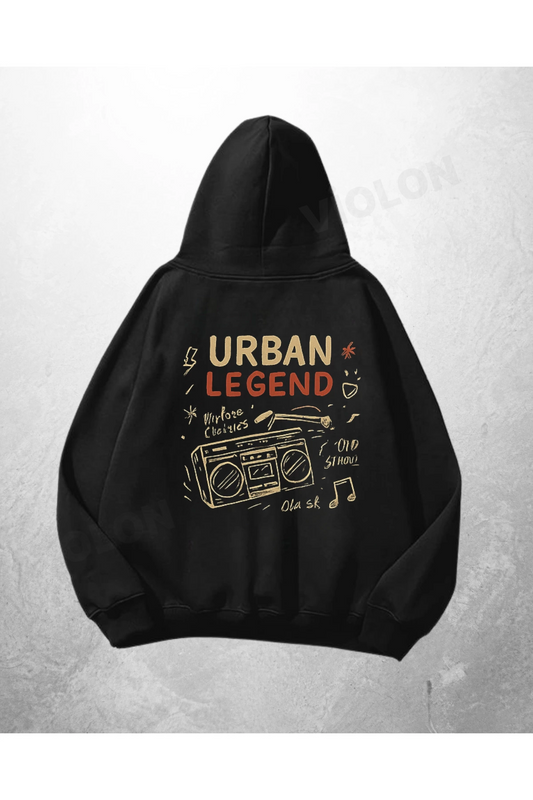 Siyah Unisex Urban Legend Typography Baskılı Oversize Hoodie Sweatshirt