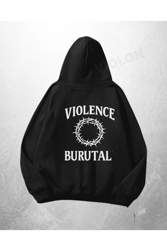 Siyah Unisex Violence Brutal Baskılı Oversize Hoodie Sweatshirt