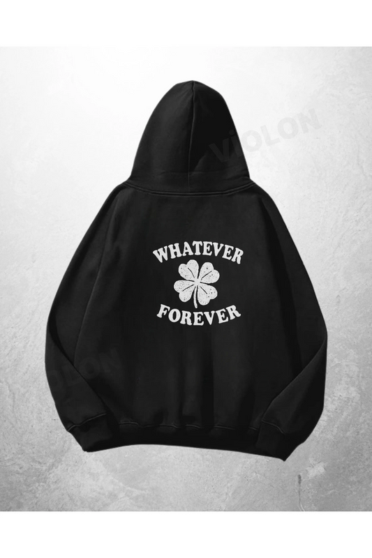 Siyah Unisex Whatever Forever Four-Leaf Clover Baskılı Oversize Hoodie Sweatshirt