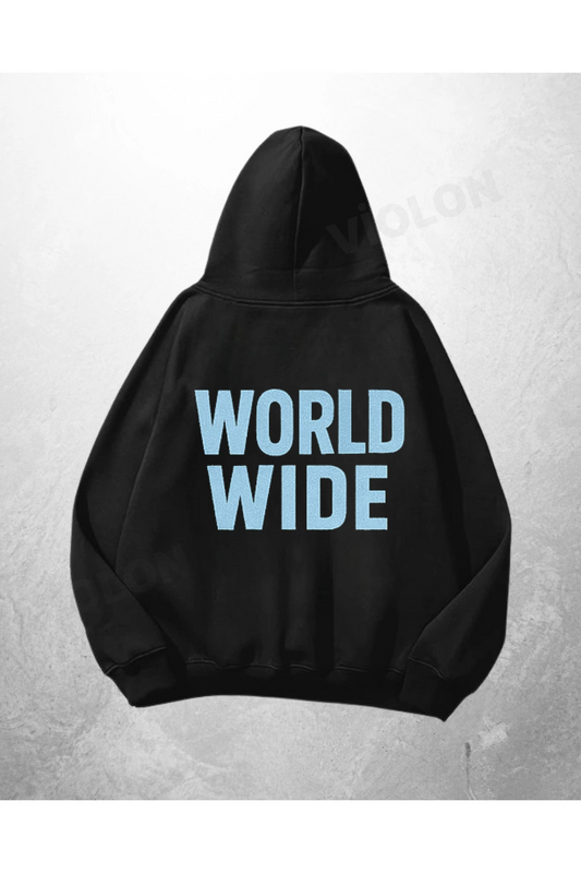 Siyah Unisex World Wide Baskılı Oversize Hoodie Sweatshirt