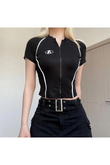 Siyah Y2k Beyaz Şeritli A Model Fermuarlı Crop