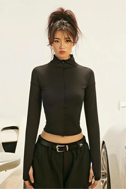 Siyah Yarım Fermuarlı Uzun Kollu Kadın Sandy Kumaş Bluz Body