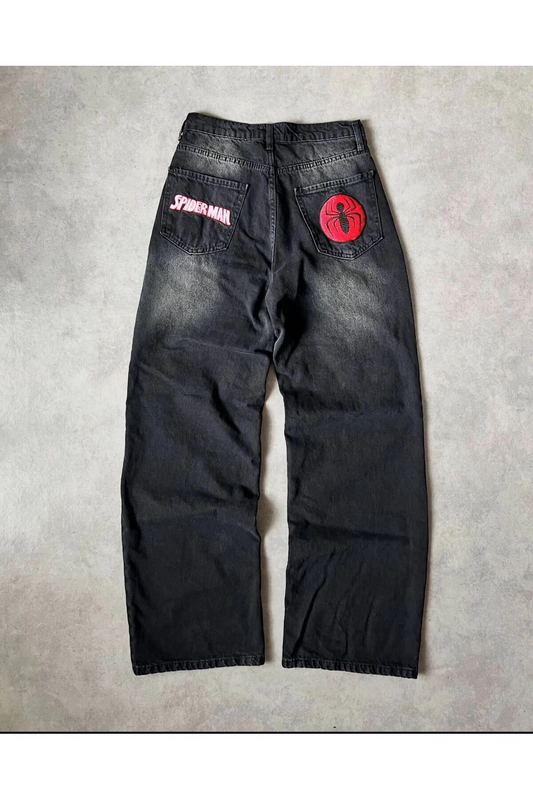 SİYAH YIKAMALI BAGGY KALIP SPİDER NAKIŞLI PANTOLON