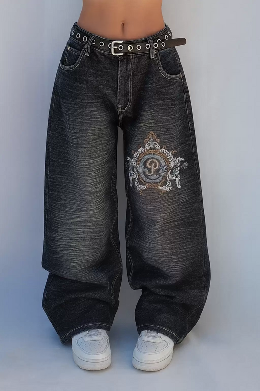 Siyah Yıkamalı P Patchli Vintage Baggy Y2K Pantolon