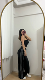Siyah Yıkamalı Şeritli Bol Paça Kot Pantolon