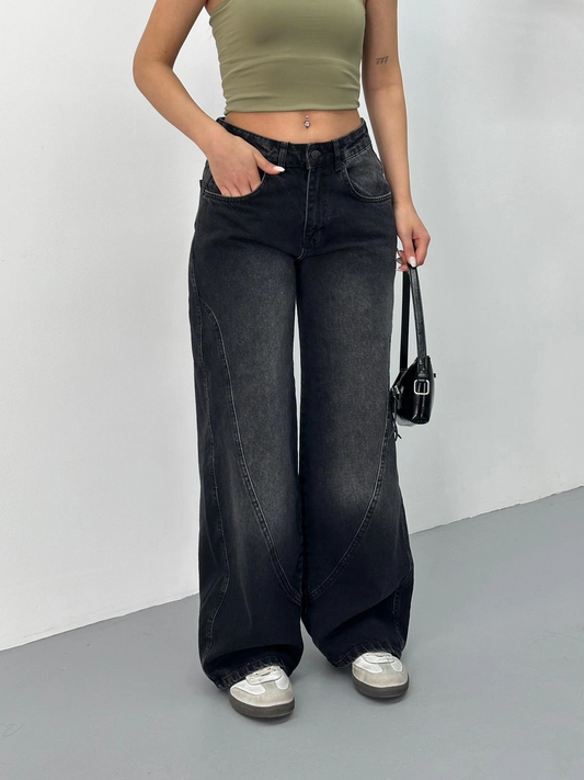 Siyah Yıkamalı V Detaylı Baggy Jean