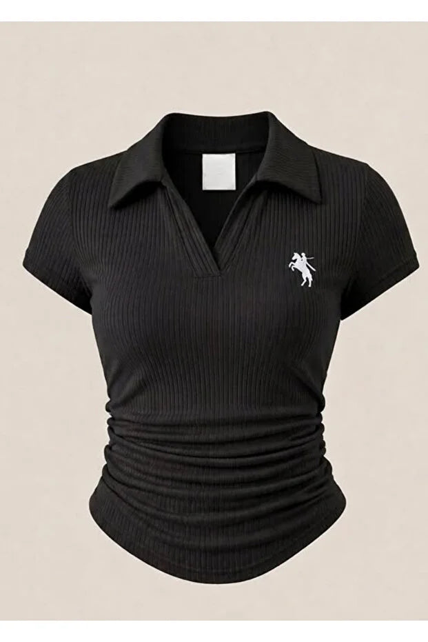 Siyah Vintage Nakış Detaylı Drapeli Polo Yaka Likralı Bluz