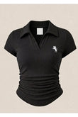 Siyah Vintage Nakış Detaylı Drapeli Polo Yaka Likralı Bluz