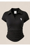 Siyah Vintage Nakış Detaylı Drapeli Polo Yaka Likralı Bluz