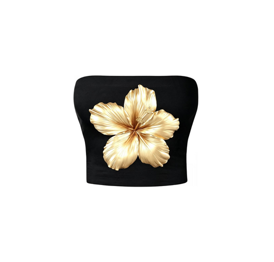 Golden Bloom Siyah Straplez Crop
