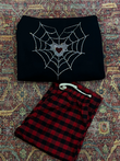 Spider Kalp Parıltılı Taşlı Sırt Baskılı Siyah Sweatshirt + Kırmızı Siyah Ekose Takım