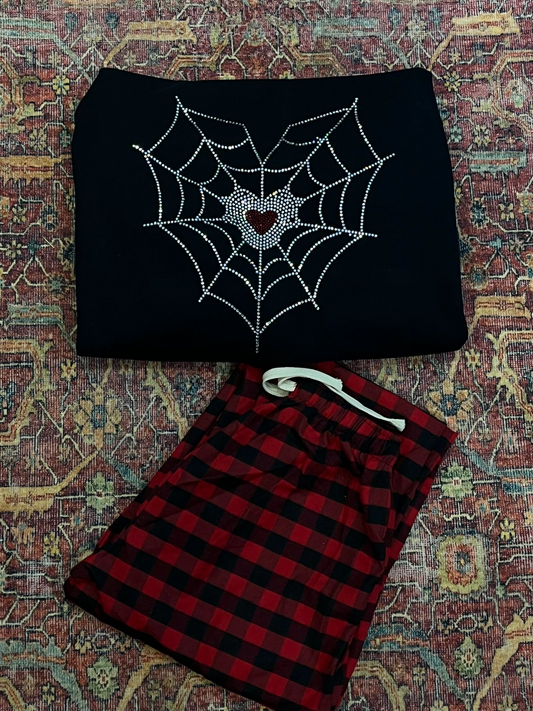 Spider Kalp Parıltılı Taşlı Sırt Baskılı Siyah Sweatshirt + Kırmızı Siyah Ekose Takım