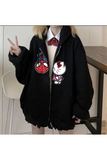 Spider-Man & Hello Kitty Baskılı Oversize Fermuarlı Siyah Unisex Kapüşonlu Hırka