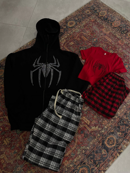 Spider Hırka ve Siyah Beyaz Ekose Eşofman Altı Alt Üst Takım