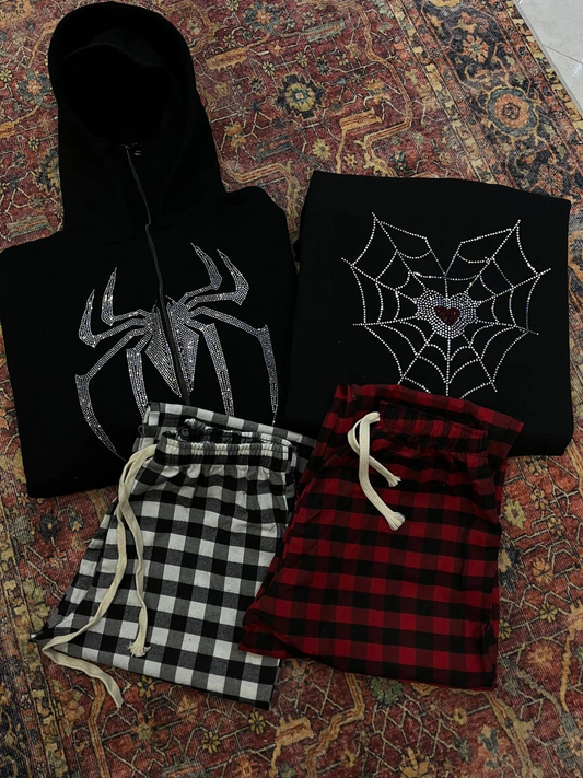 Spider Web ve Kırmızı Siyah Ekose Eşofman Altı Alt Üst Takım