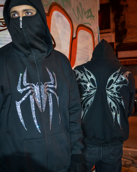 Spider Örümcek Taş Baskılı Siyah Renk Oversize Maske Hırka