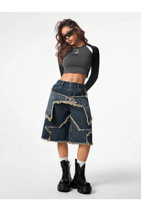 Stars Patch Detaylı Kot Pantolon Şort