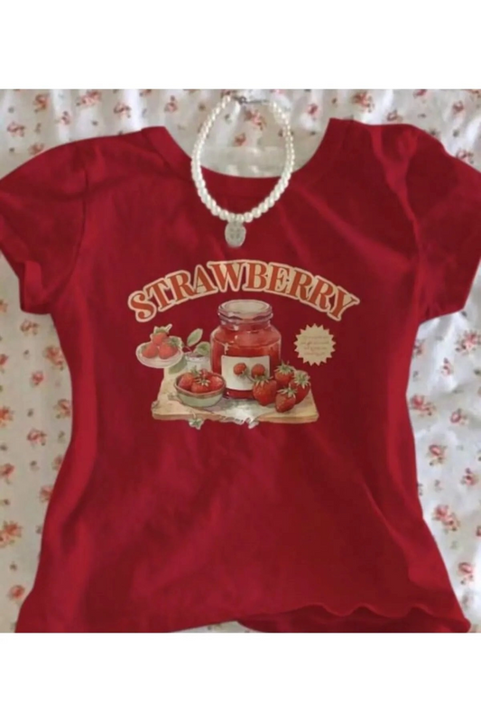 Strawberry Baskılı Kırmızı Crop Bluz