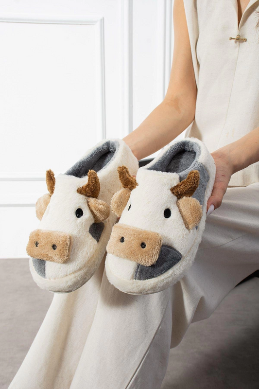 Tatlı İnek Gri Yumuşak Tüylü Peluş Panduf Terlik