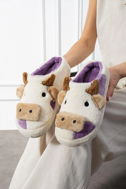 Tatlı İnek Lila Yumuşak Tüylü Peluş Panduf Terlik