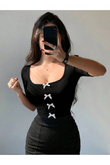 Siyah Kurdeleli Kısa Kollu Crop Body