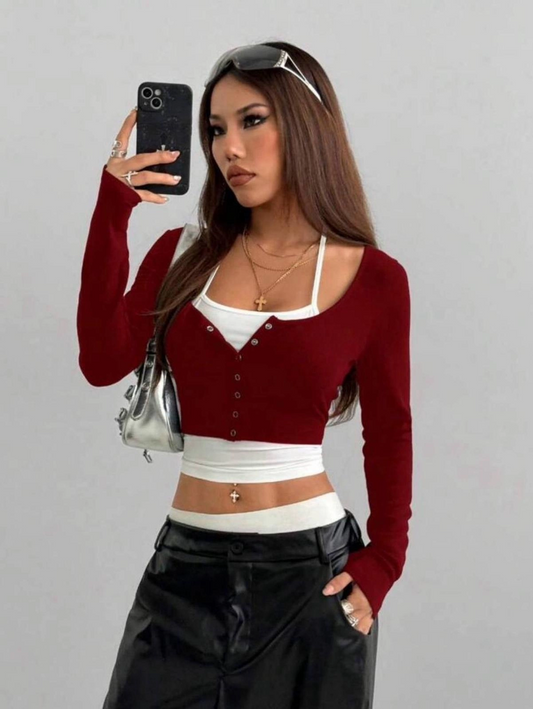 Twisty Bordo Uzun Kollu Düğme Bluz