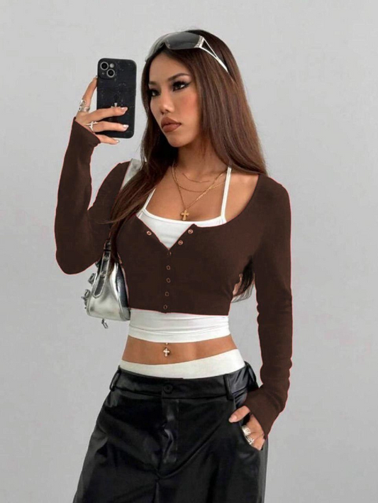 Twisty Kahverengi Uzun Kollu Düğme Bluz