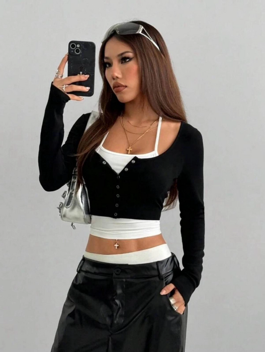 Twisty Siyah Uzun Kollu Düğme Bluz