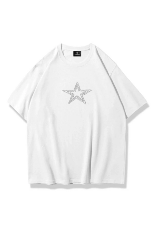 Unisex Yıldız Taş Baskılı Beyaz Oversize Tshirt
