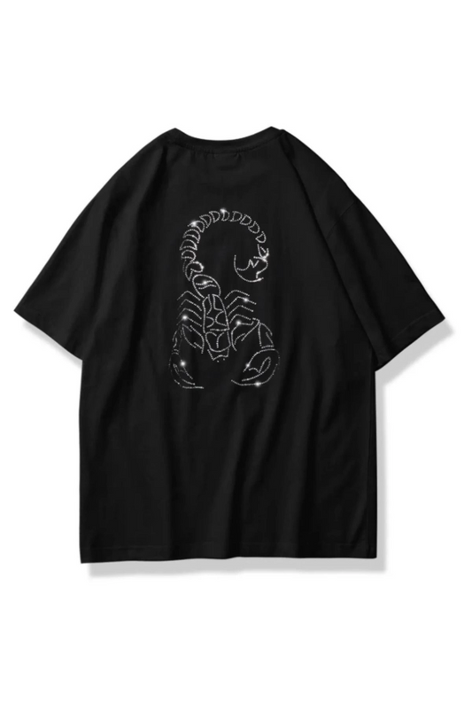 Unisex Akrep Taş Baskılı Siyah Oversize Tshirt