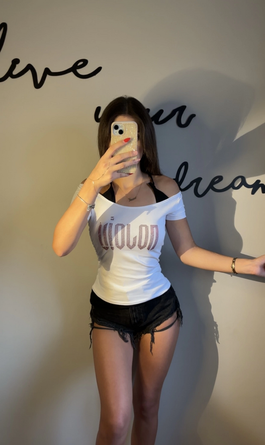 Violon Kırmızı Taş Baskılı Madonna Yaka Ek Askılı Kısa Kollu Full Body Crop