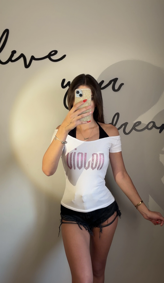 Violon Pembe Taş Baskılı Madonna Yaka Ek Askılı Kısa Kollu Full Body Crop