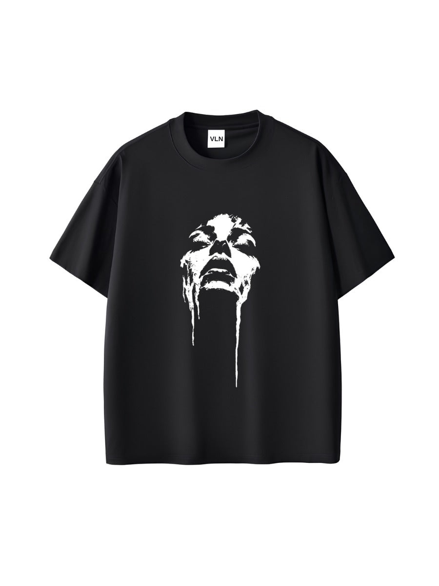 Unisex Oversize Siyah Soyut Kadın Yüzü Baskılı Streetwear Grunge Tişört