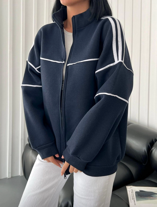 Y2k Lacivert Oversize 3 İplik Line Detail Ceket