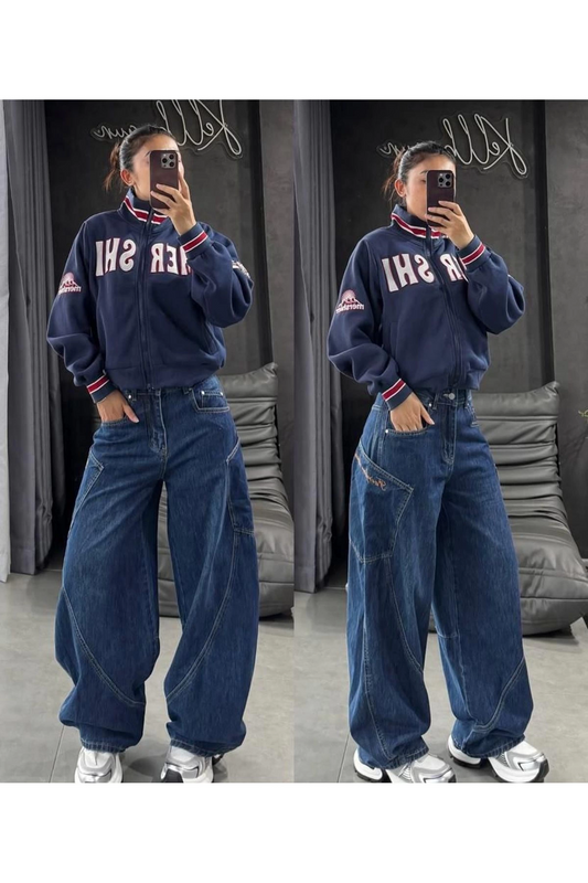 Y2k Mavi Ters Dikiş Cep Detaylı Baggy Pantolon