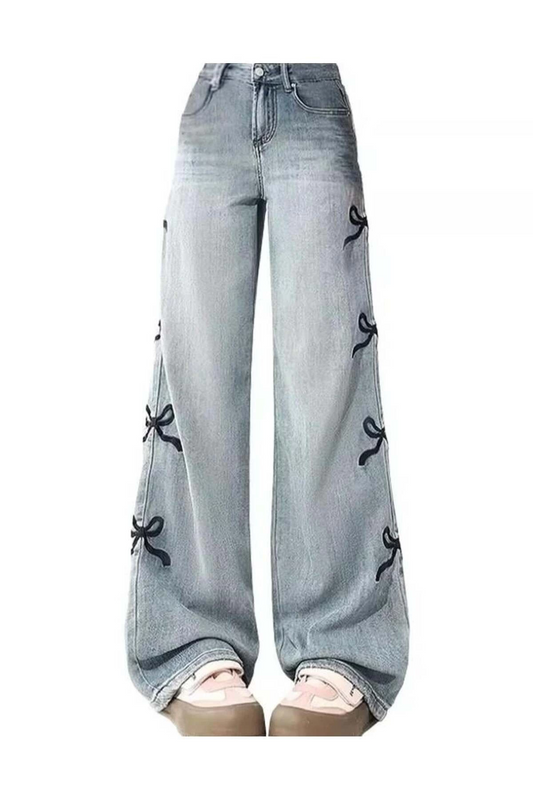 Y2k Ribbon Detail Bol Paça Yıkamalı Pantolon Jean