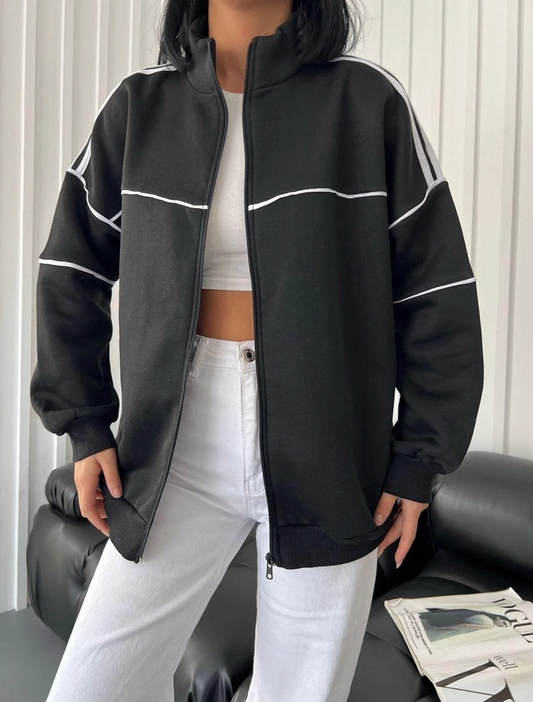 Y2k Siyah Oversize 3 İplik Line Detail Ceket