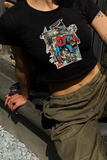 Y2K Sokak Stili Dergi örümcek adam Örümcek Adam Baskılı Kısa Kollu Siyah Crop Body